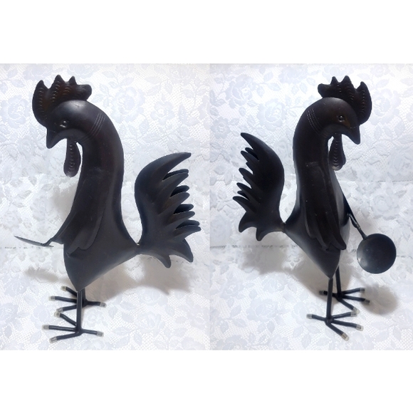 Vintage Hand Crafted Metal Steel Black Rooster Holding Spoon Figurine Farmhouse